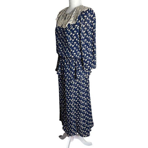 Vintage 80s Floral Midi Dress Medium Navy Blue Lace Collar 3/4 Sleeve Elastic - Picture 4 of 8